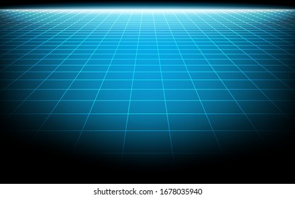 Vector perspective 3d mesh plane grid blue line on dark background.