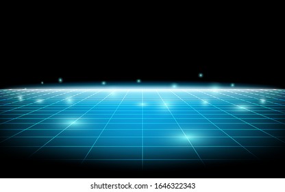 Vector perspective 3d mesh with simple grid blue line on dark background. particular light float spread frame