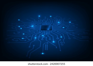 Abstrakter Technologie-Chip-Prozessor aus Vektorperspektive, Platine auf blauem Hintergrund.