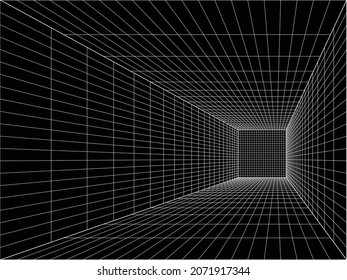 Vector. Perspective black room architectural background. One-point perspective drawing with the vanishing point placed off the drawing center. Rectangular wireframe. 
