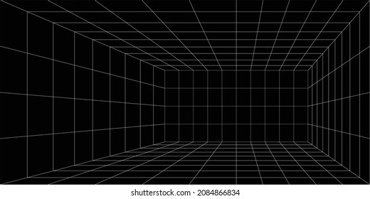 Vector. Perspective black room architectural background. Abstract black background. Rectangular wire frame. One-point perspective drawing with the vanishing point placed off the drawing center.
