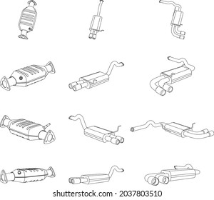 Vector perspective contour illustration of car exhaust pipe and catalytic converter system - line art