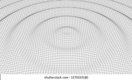 Vector perspective curved grid. Waves from a drop falling into water. Detailed lines on white background.