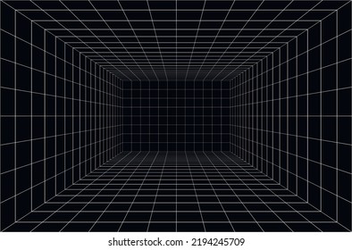 Vector perspective grid. 3d wireframe room. Futuristic digital box