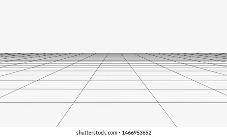 Vector perspective grid. Abstract wireframe landscape. Detailed lines on white background. 3d  vector illustration.