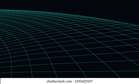 Vector perspective grid. Abstract wireframe landscape. Detailed lines on dark background. 3d vector illustration.