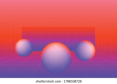 Vector perspective grid. Abstract wireframe background with 3d shapes. Illustration with purple, orange colors