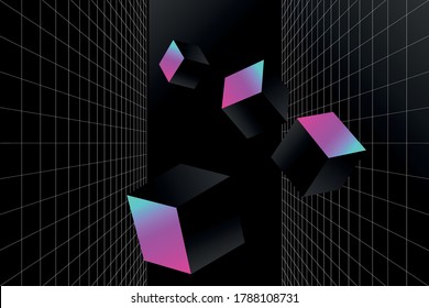 Vector perspective grid. Abstract wireframe background with 3d shapes. Illustration with black, pink, blue colors