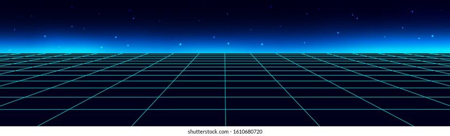 Vector perspective grid in blue retro style. Detailed lines on dark background.