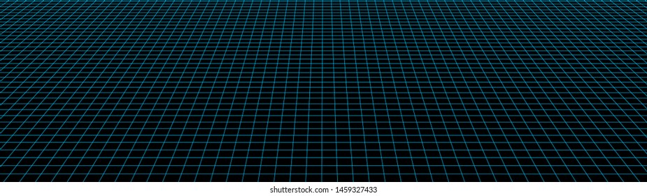 Vector perspective grid. Detailed lines on black background. Widescreen illustration.