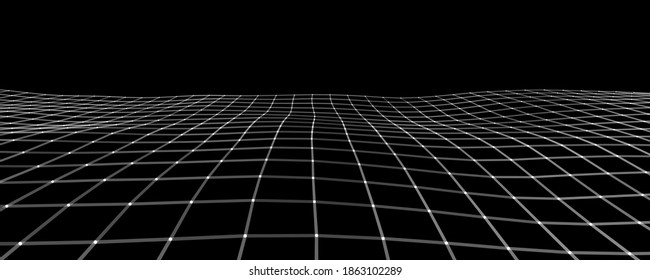 Vector perspective grid. Digital background in retro style. Wireframe landscape on black background.
