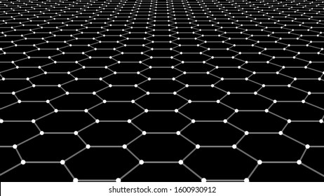 Vector perspective grid of hexagons. Detailed lines and dots on black background.