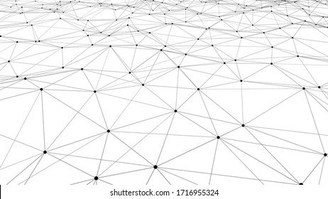 Vector perspective grid. Network of bright connected dots and lines. Abstract dynamic wave of many points. Detailed lines forming an abstract background