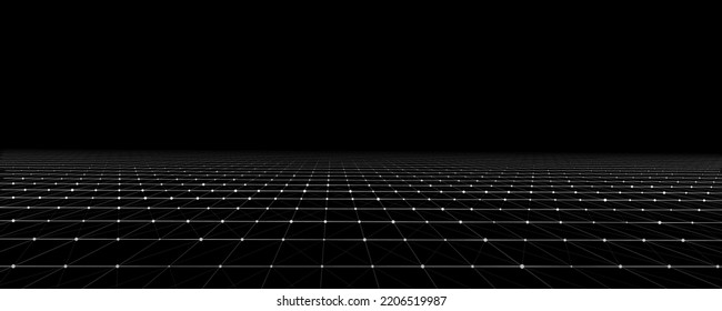 Vector perspective grid on black background. Dots connected by lines. Digital cyberspace. Network connection structure. Vector illustration for website.