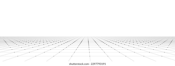 Vector perspective grid on white background. Dots connected by lines. Digital cyberspace. Network connection structure. Vector illustration for website.