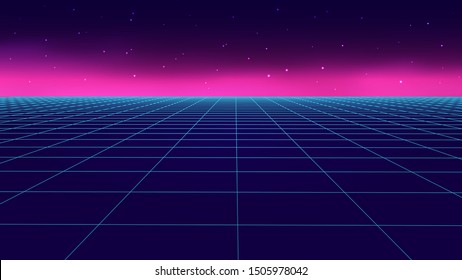 Vector perspective grid in retro style. Detailed lines on dark background.