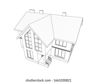 Perspectiva vectorial de la casa moderna de lujo exterior. Modelo vectorial 3D de cabaña aislada en fondo blanco. Vista superior.