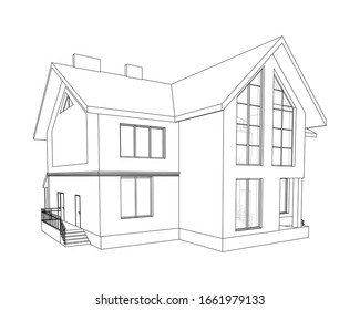 Perspectiva vectorial de la casa moderna de lujo exterior. Modelo 3D de línea vectorial de cabaña aislada en fondo blanco.