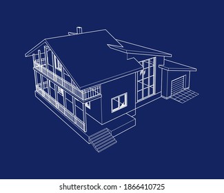 Vector Perspective Of Luxury Modern House Exterior. 3D  Model Of Cottage. Top View. Vector Blueprint.