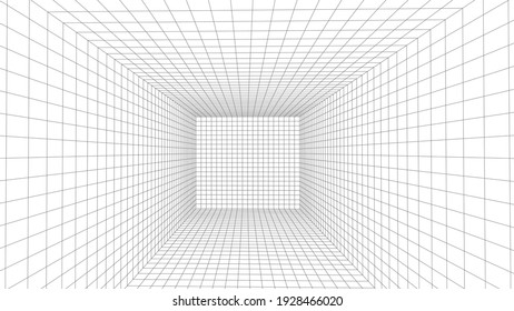 Vector perspective mesh. Detailed grid lines on white background. 3d vector illustration.