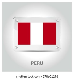 Vector Peru Flag glass plate with metal holders - Country name label in bottom - Gray background vector illustration
