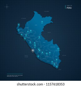 Vector Peru map illustration with blue neon lightpoints - triangle on dark blue gradient background. Administrative divisions, cities, borders, capital. Neon tech background with glow. 