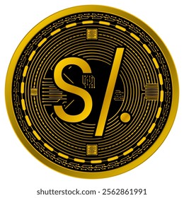 Vector of Peru Nuevo Sol Digital Currency in gold and black colors on a white background.