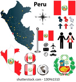 Vector of Peru set with detailed country shape with region borders, flags and icons