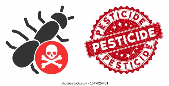 Vector pesticide icon and rubber round stamp watermark with Pesticide phrase. Flat pesticide icon is isolated on a white background. Pesticide stamp uses red color and rubber texture.