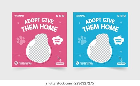 Adopción de mascotas de vectores y servicio veterinario en redes sociales post servicio de cuidado de mascotas vectoriales y plantilla de promoción de negocios de captación