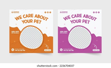 Vector pet adoption and veterinary service social media post vector pet care service and grooming business promotion template