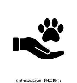 Vector Pet Care icon, hand holding paw, flat illustration symbol on isolated white background for UI/UX and website.