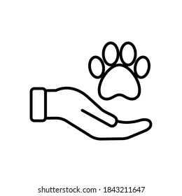 Vector Pet Care icon, hand holding paw, flat illustration symbol on isolated white background for UI/UX and website.