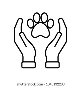 Vector Pet Care icon, hands holding paw, flat illustration symbol on isolated white background for UI/UX and website.