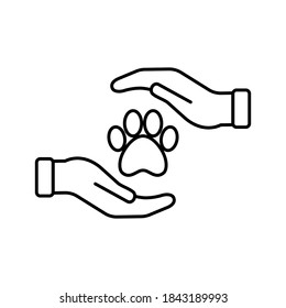 Vector Pet Care icon, hands holding paw, flat illustration symbol on isolated white background for UI/UX and website.