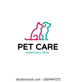 Vector Pet Care logo design template. Graphic sitting cat and dog logotype, sign, symbol. Animal friend illustration isolated on background. Modern kitten and puppy label for veterinary clinic,petfood