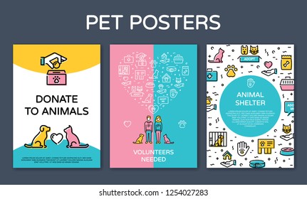 Vector pet design poster set. Icon banner illustrations showing animal charity, donation, volunteering, adoption, care with place for text. Linear pictogram flyers with man, woman, cat, dog, heart