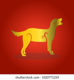 Vector pet Dog gold color with red background. Abstract dog silhouette