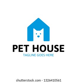 Vector Pet House logo design template. Minimal illustration background featuring animal home with cat. Flat icon label for shop, shelter, veterinary clinic, hospital, hotel