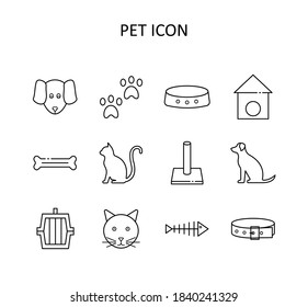 Vector pet icon - dog, cat, pet carrier; bowl; bone; fish; paws; scratching post; collar.