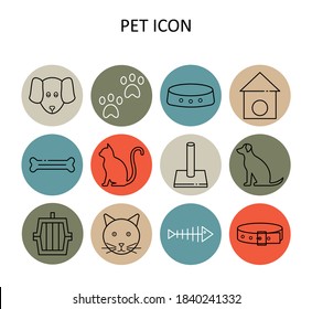Vector pet icon - dog, cat, pet carrier; bowl; bone; fish; paws; scratching post; collar.