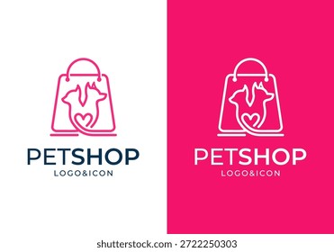 Diseño del logotipo del icono del animal doméstico del Vector con el bolso de compras, el perro y el logotipo del gato con el bolso de compras elegante, diseño minimalista, moderno del arte de la línea.