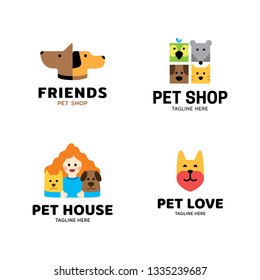 Vector pet logo design template set. Animal friend illustration collection with dog, cat, bird, man. Modern care and goods icon label for veterinary clinic, petfood, hospital, shelter, donation