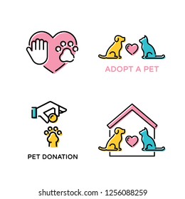 Vector pet love design poster set. Color animal banner illustrations showing pet adoption, charity, donation, homeless help. Linear icon logo templates with dog, cat, heart, paw, helping hand, house