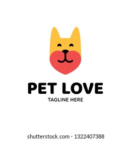 Vector Pet Love logo design template. Cute flat illustration background with animal head and heart. Friendly icon label for pet shop, veterinary clinic, hospital, shelter, business services