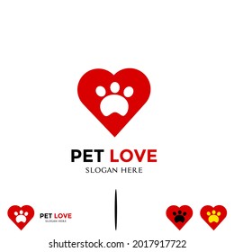 Diseño moderno del logotipo del amor de la mascota vectorial, el logotipo de los pies de mascota con el logotipo del amor en un fondo aislado de elementos gráficos