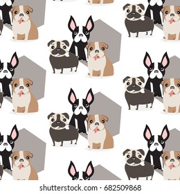 Vector pet pattern. Dog cute illustration. Textile fabric with image of a French bulldogs. Animal, bone fancy funny kids print