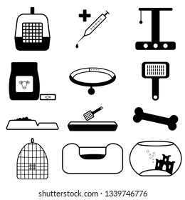 Vector pet products icons for animals: carry, syringe, scraper, dry food and canned food, collar, podherka brush, bowl, tray, bone, cage, bedding, aquarium with a lock.