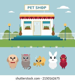 Vector Pet shop. Dibujos de perros, gatos, peces, conejos, loro. 