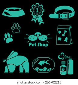 Vector pet shop icon set on black .